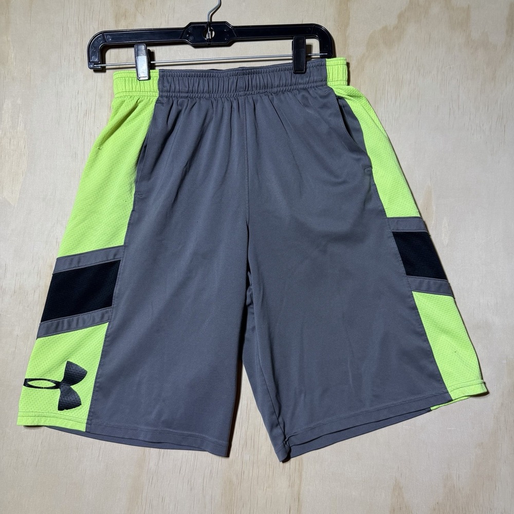 Under Armour Boys Youth Large Gray Neon Green Basketball Shorts YLG Loose Fit